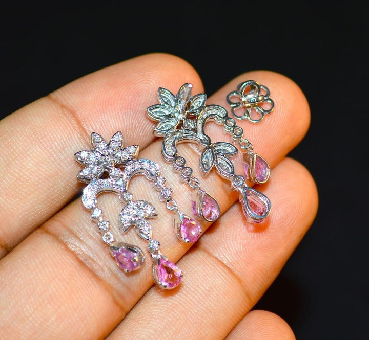Certified Natural 14.1CTS VS F Diamond Pink Sapphire 18K Solid Gold Dangle Necklace Earrings Set