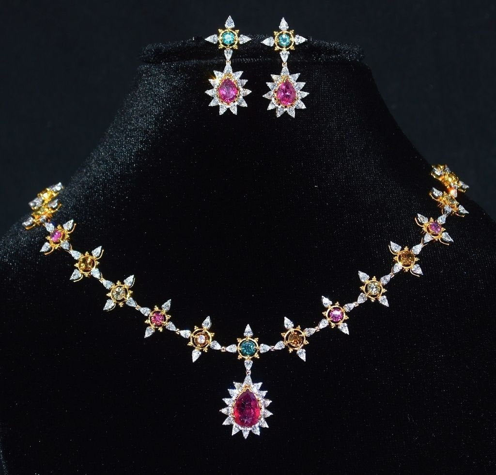 Certified Natural 18.6CTS VS F Diamond Tourmaline 18K Solid Gold Necklace Earrings Set