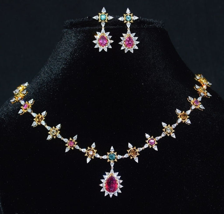 Certified Natural 18.6CTS VS F Diamond Tourmaline 18K Solid Gold Necklace Earrings Set