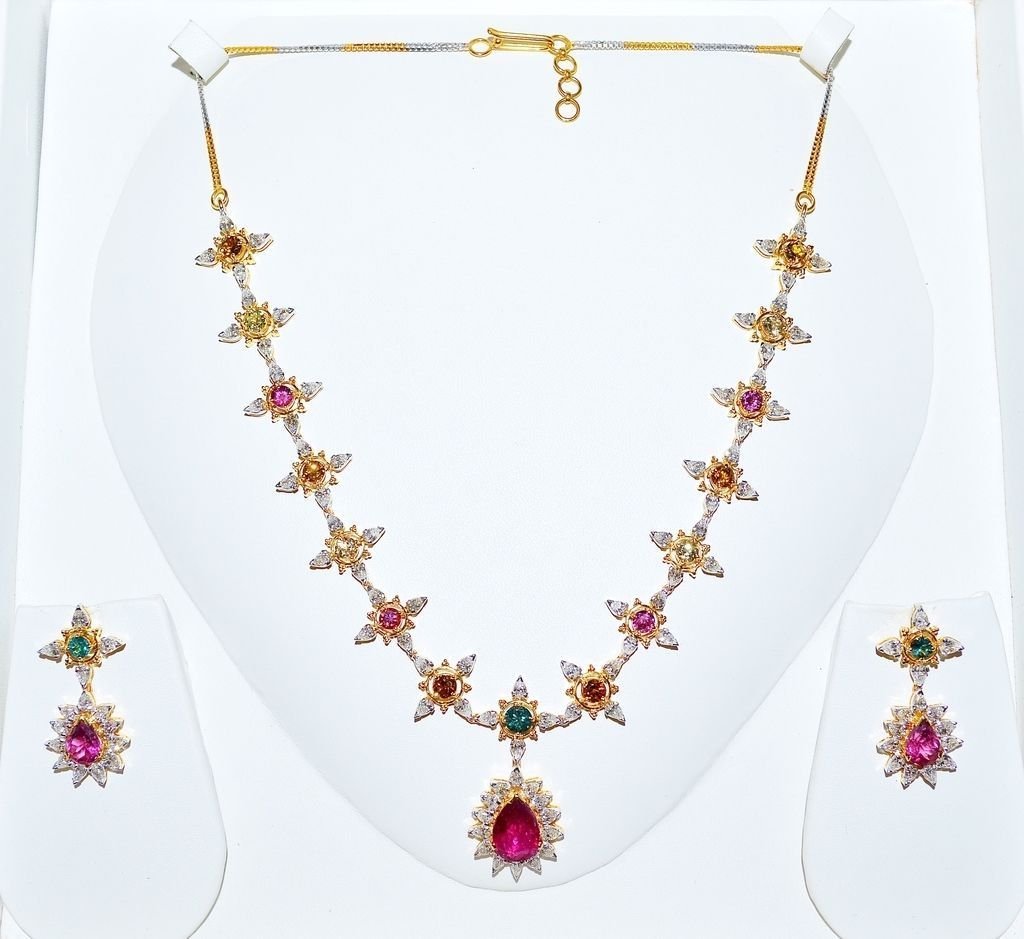 Certified Natural 18.6CTS VS F Diamond Tourmaline 18K Solid Gold Necklace Earrings Set