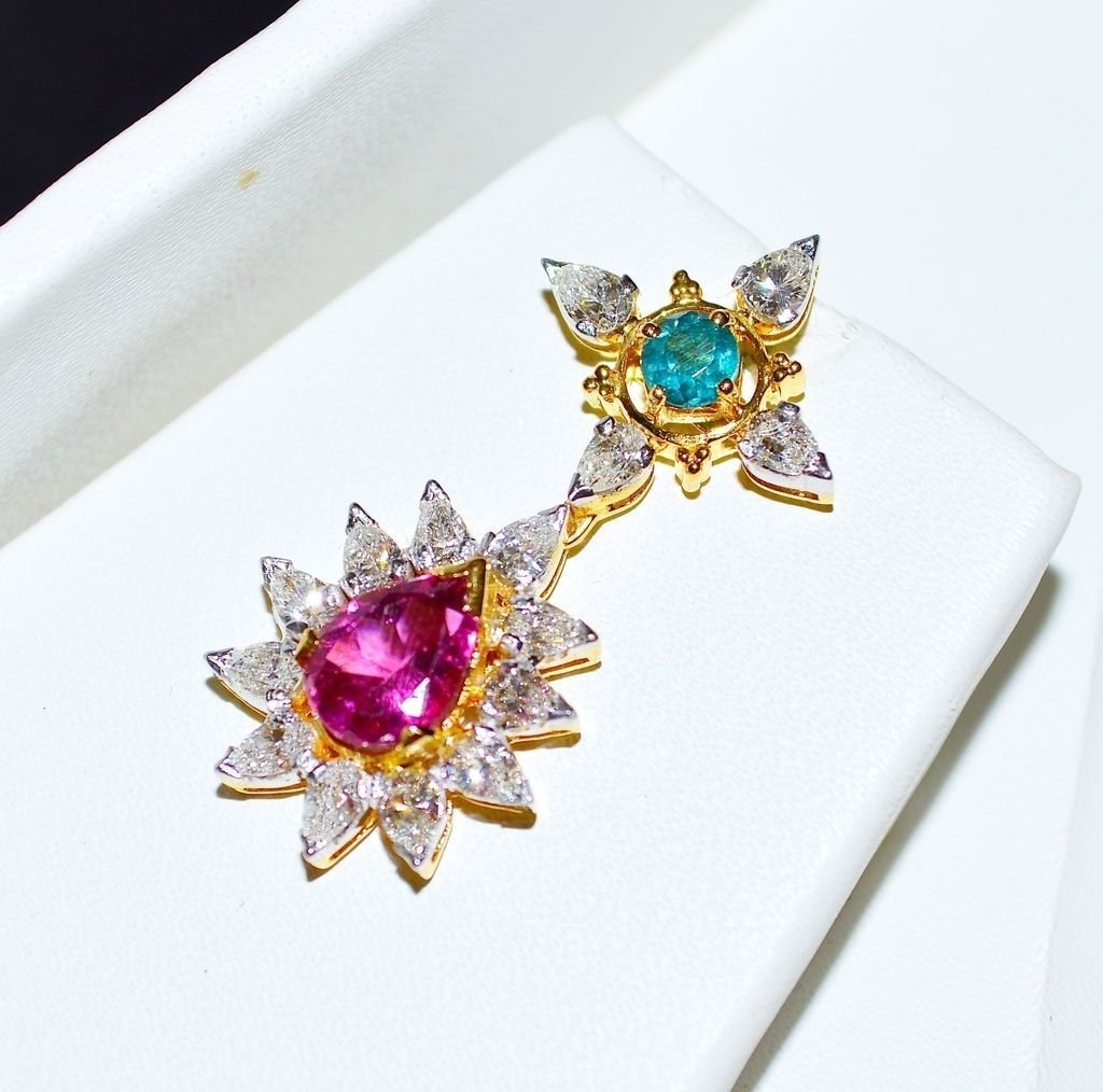Certified Natural 18.6CTS VS F Diamond Tourmaline 18K Solid Gold Necklace Earrings Set