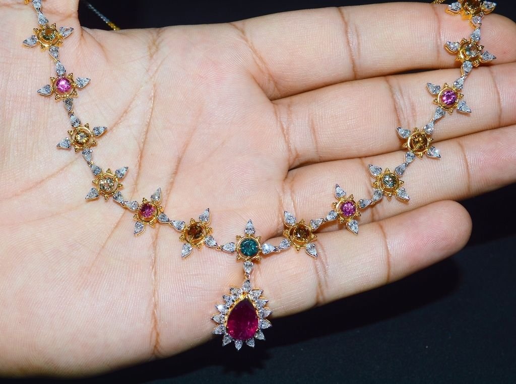 Certified Natural 18.6CTS VS F Diamond Tourmaline 18K Solid Gold Necklace Earrings Set