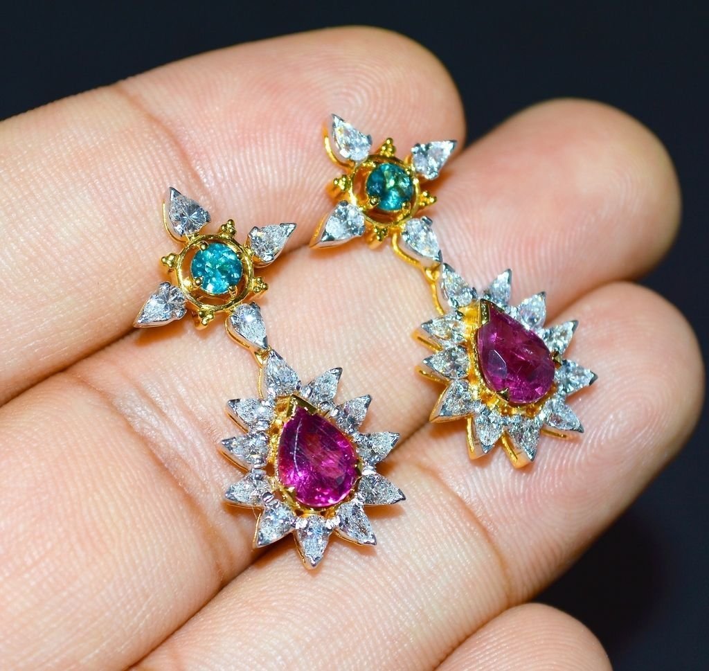 Certified Natural 18.6CTS VS F Diamond Tourmaline 18K Solid Gold Necklace Earrings Set