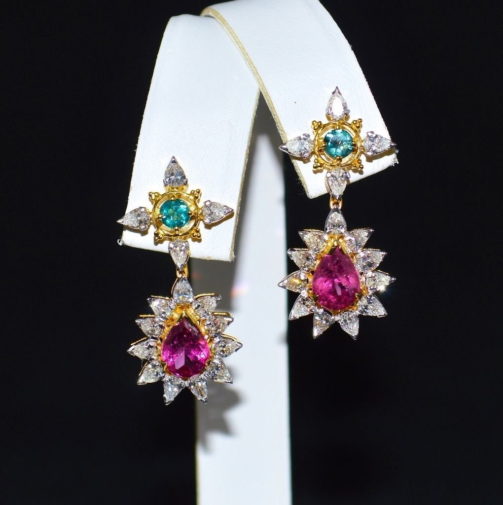 Certified Natural 18.6CTS VS F Diamond Tourmaline 18K Solid Gold Necklace Earrings Set