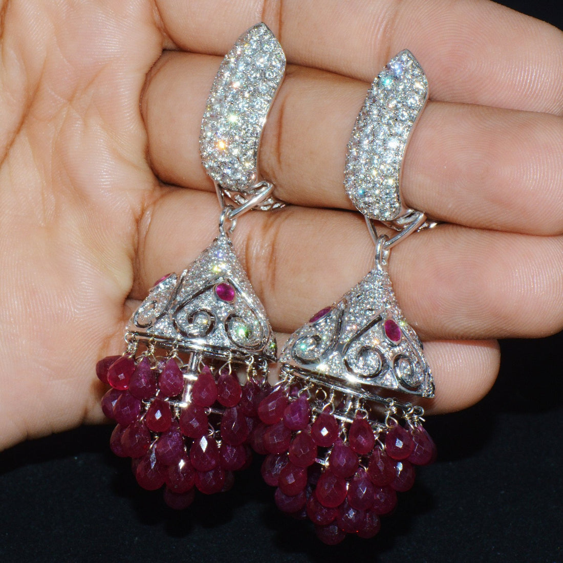 Certified Natural 117.6Cts VS F Diamond Ruby 18K Solid Gold 3-IN-1 Chandelier Dangle Cluster Earrings