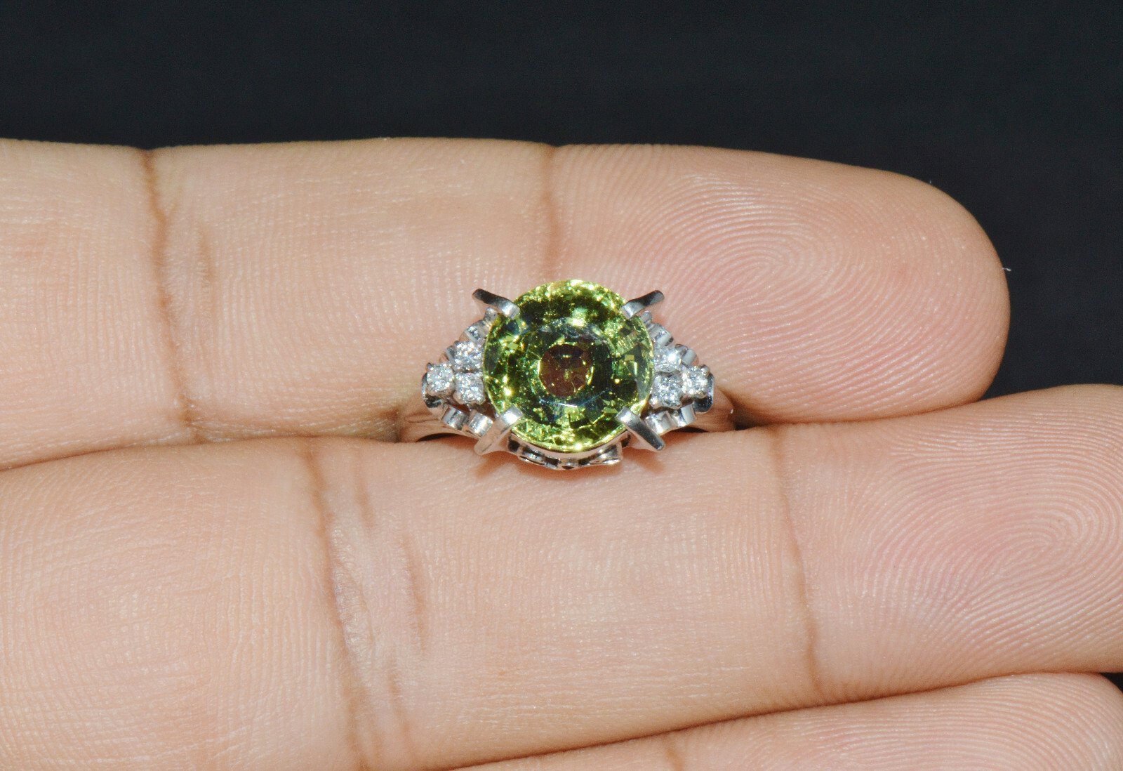 Certified Natural 3.74Cts VS Diamond Peridot Solid Platinum Dinner Cocktail Ring