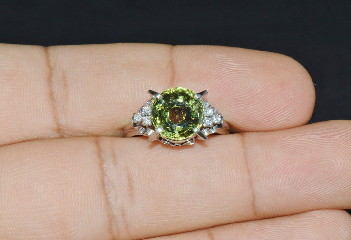 Certified Natural 3.74Cts VS Diamond Peridot Solid Platinum Dinner Cocktail Ring