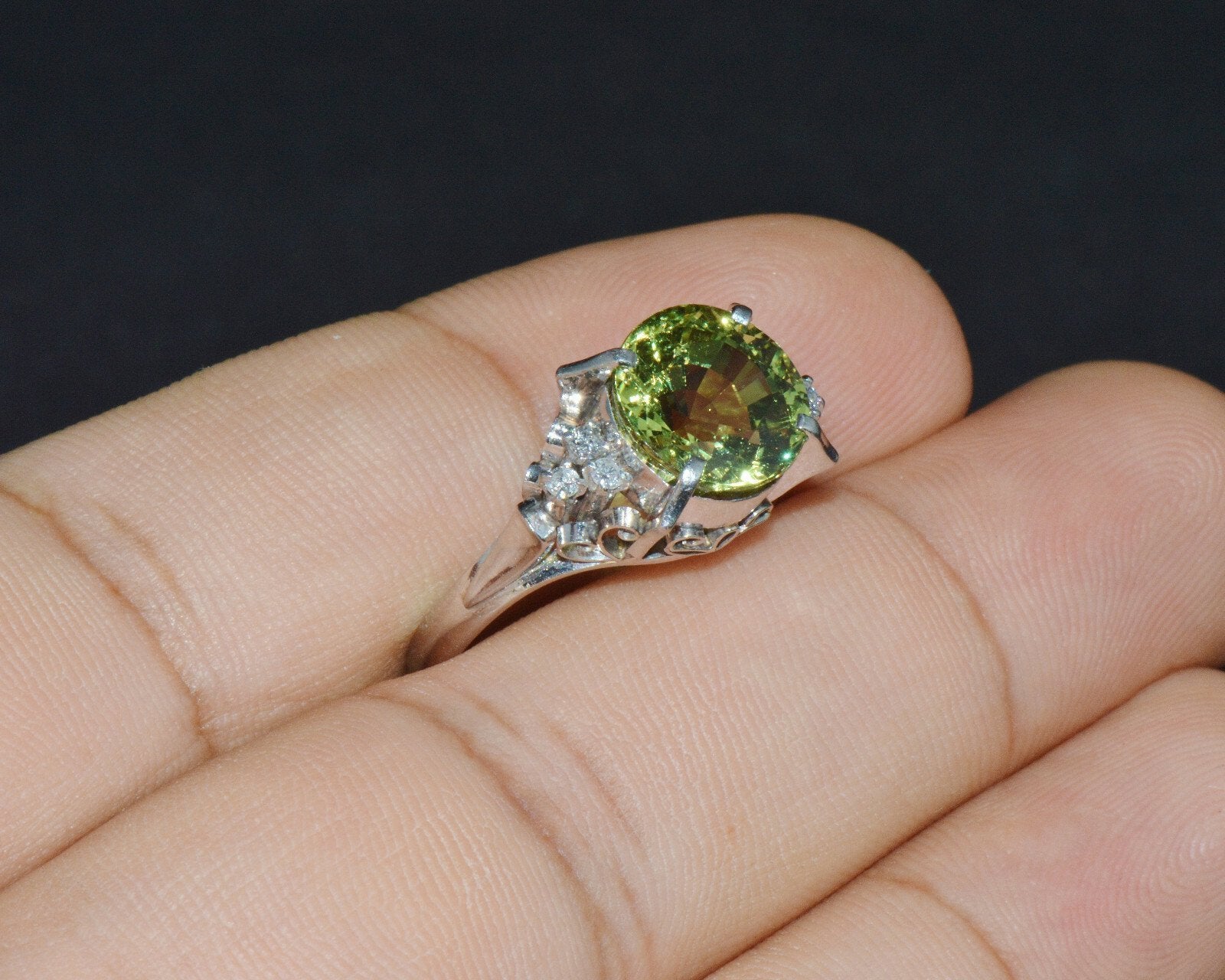 Certified Natural 3.74Cts VS Diamond Peridot Solid Platinum Dinner Cocktail Ring