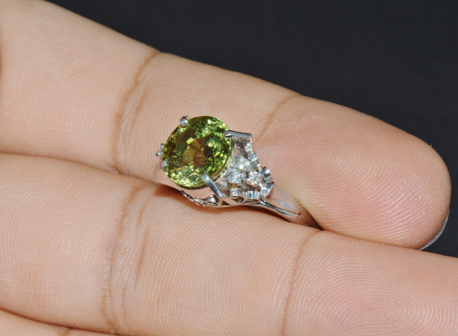 Certified Natural 3.74Cts VS Diamond Peridot Solid Platinum Dinner Cocktail Ring