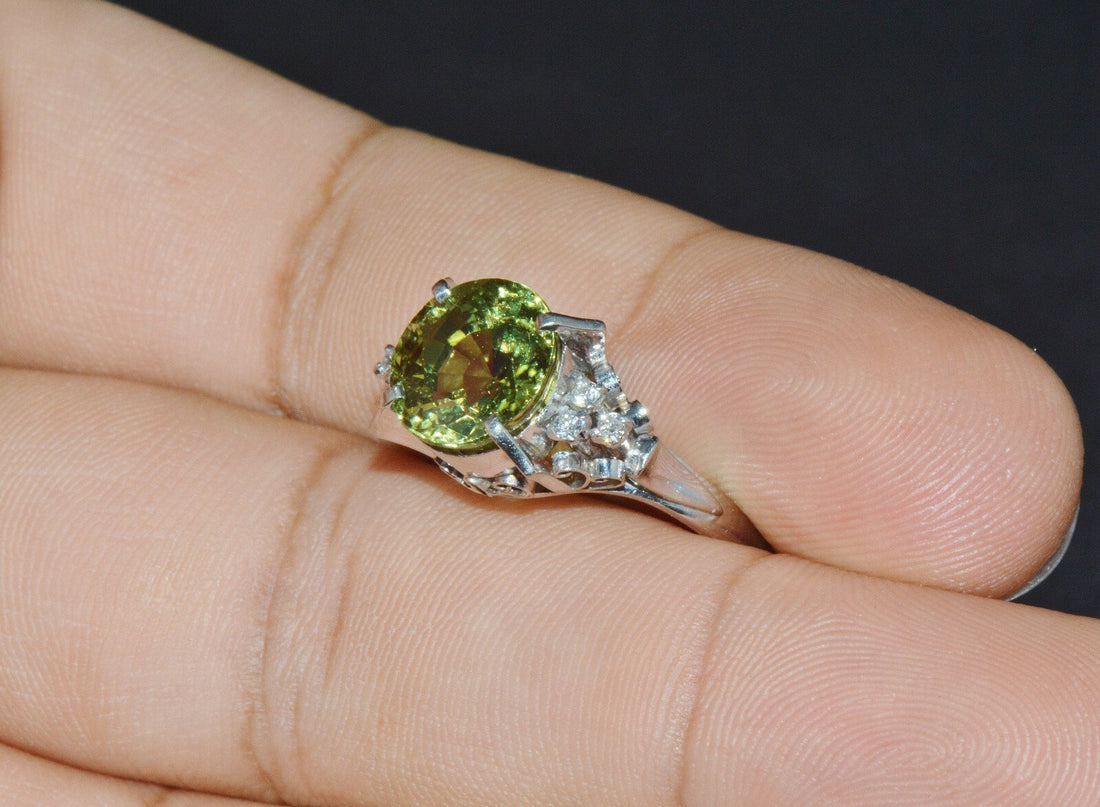 Certified Natural 3.74Cts VS Diamond Peridot Solid Platinum Dinner Cocktail Ring