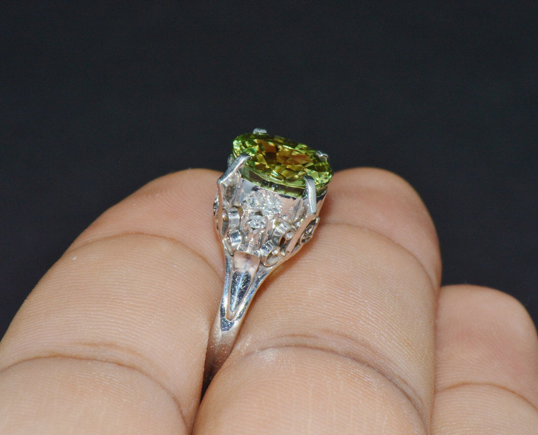 Certified Natural 3.74Cts VS Diamond Peridot Solid Platinum Dinner Cocktail Ring