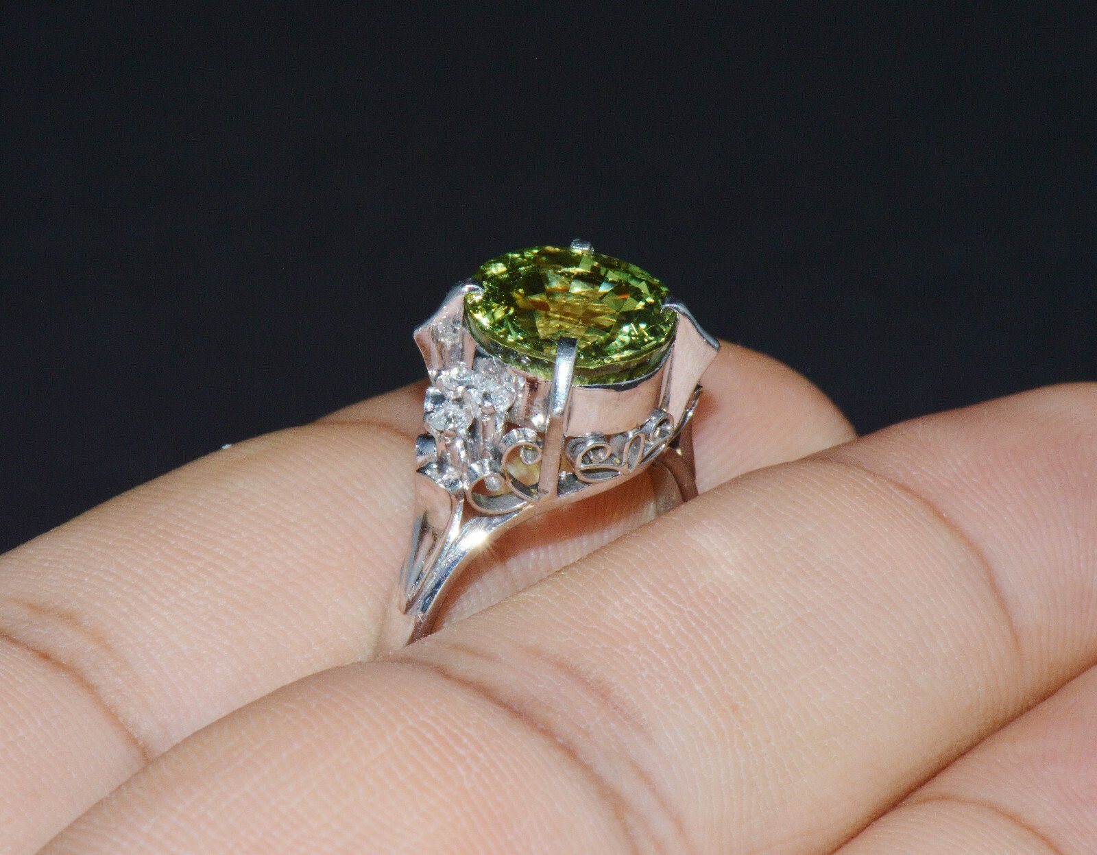 Certified Natural 3.74Cts VS Diamond Peridot Solid Platinum Dinner Cocktail Ring