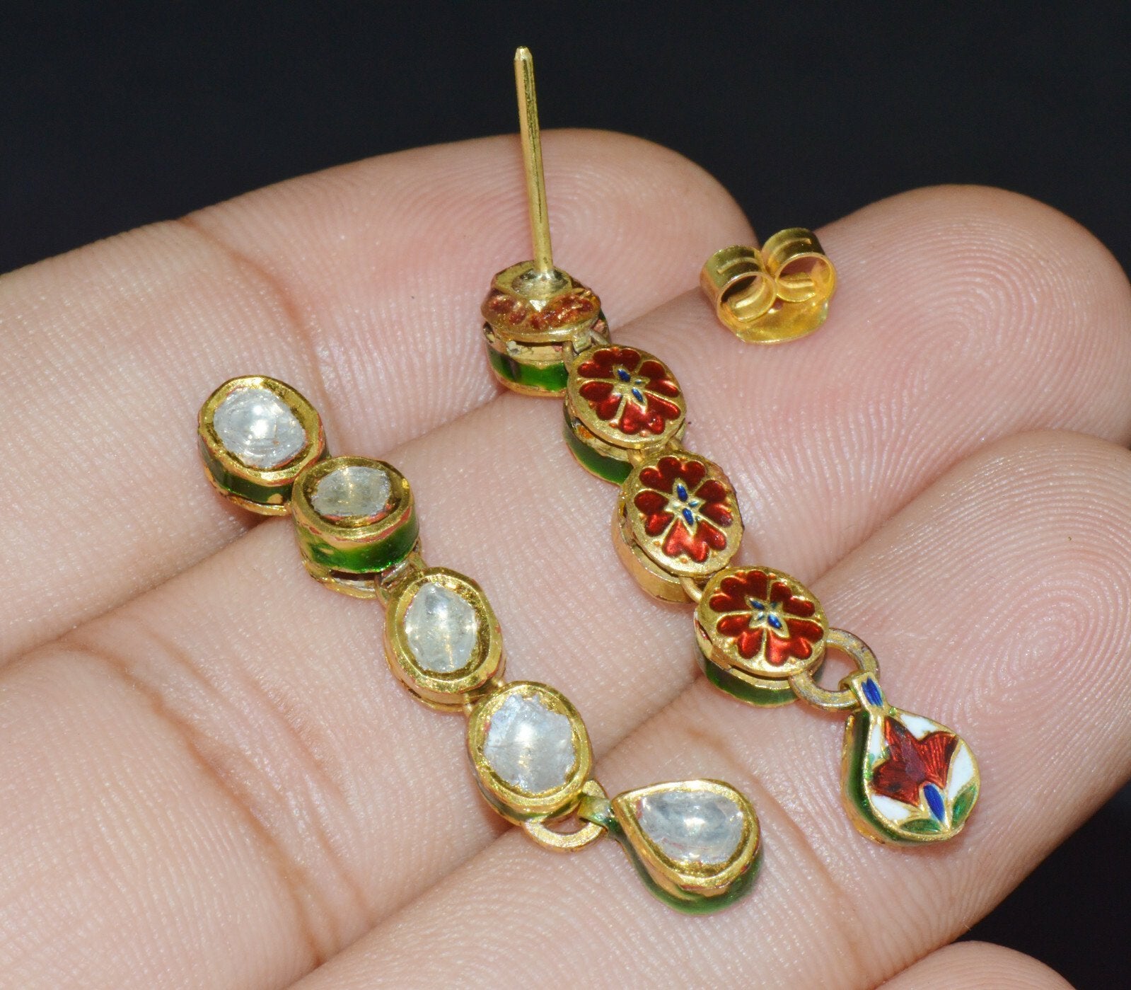 Estate 22K 18K Solid Gold 1.8CTS Diamond Enamel Earrings