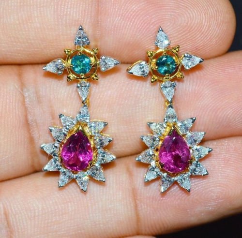 Certified Natural 18.6CTS VS F Diamond Tourmaline 18K Solid Gold Necklace Earrings Set